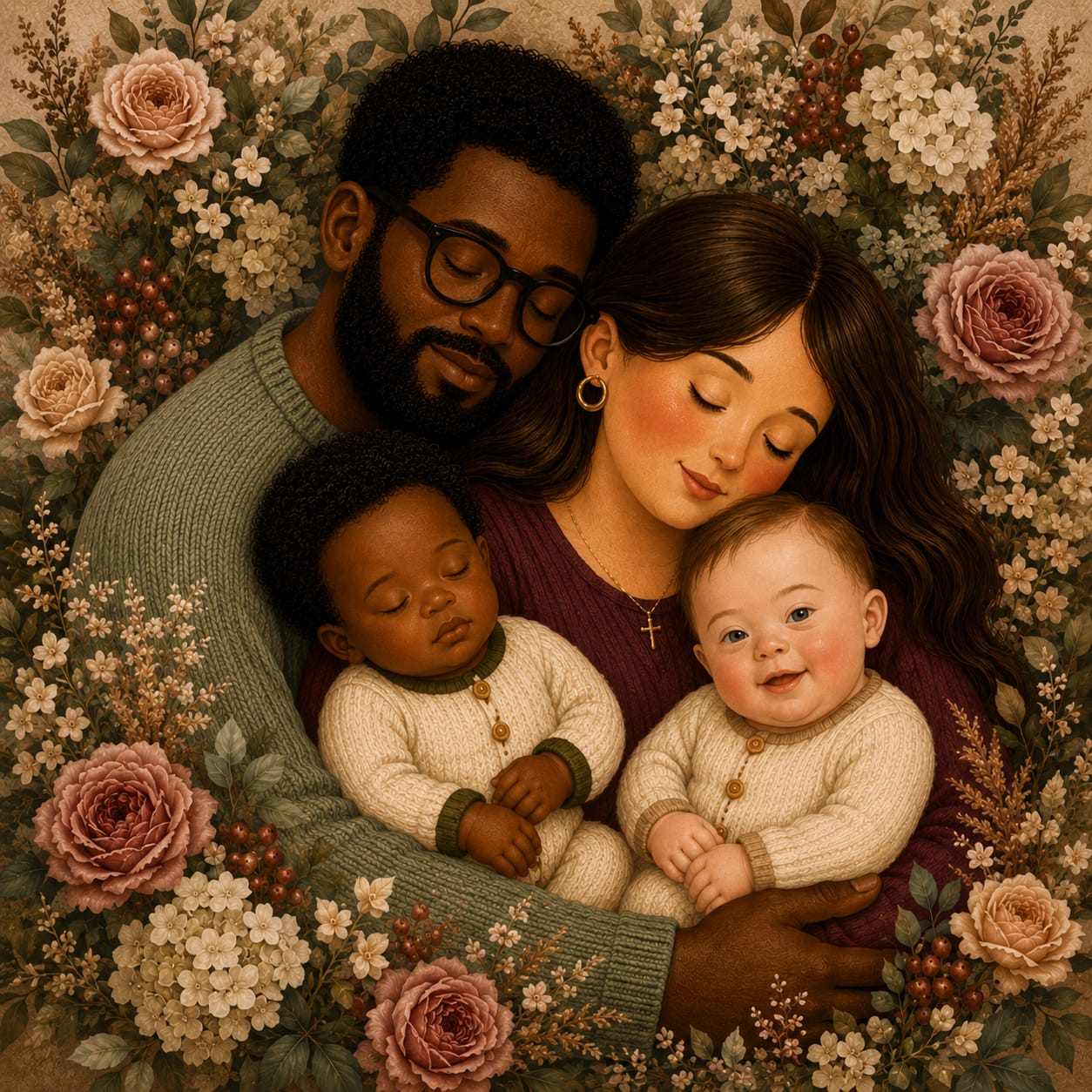Família abraçando um bebê em um jardim florido
